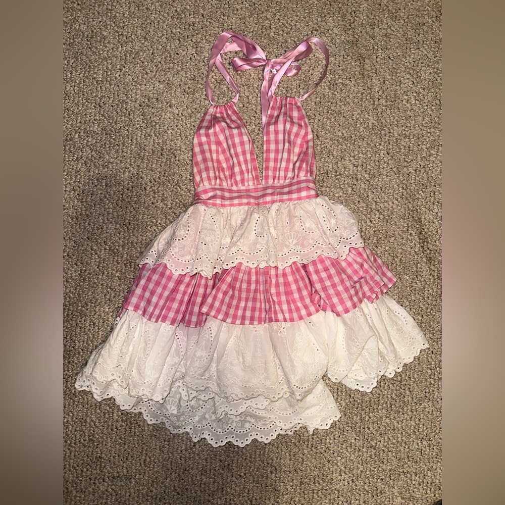 Pink plaid and white lace dress